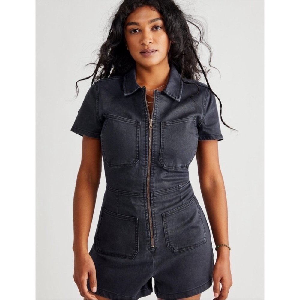 NWT Free People CRVY Lennox Shortsuit Denim Jumpsuit Carbon Sz 16